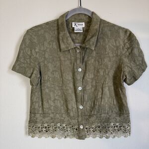 K Petite Sage Green Top Womens 6 Petite Boho Button Up Forest Cottagecore Vtg